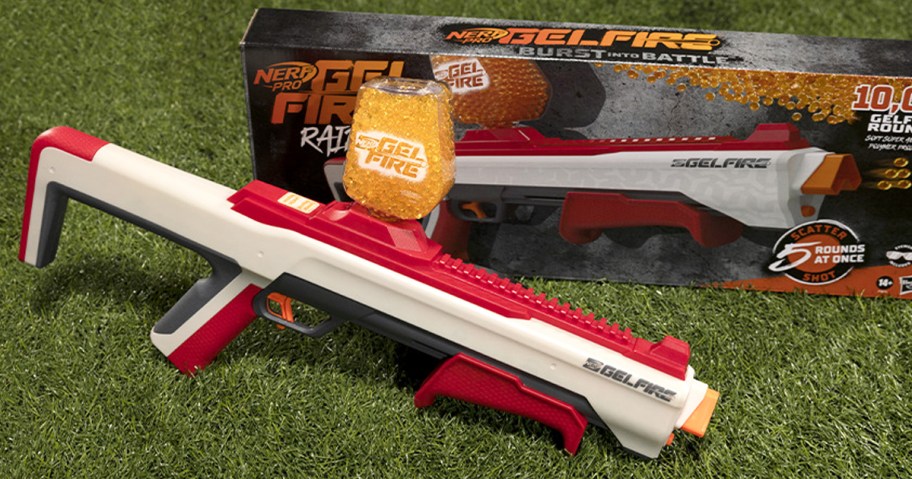 NERF Pro Gelfire Raid Blaster on grass near it's box