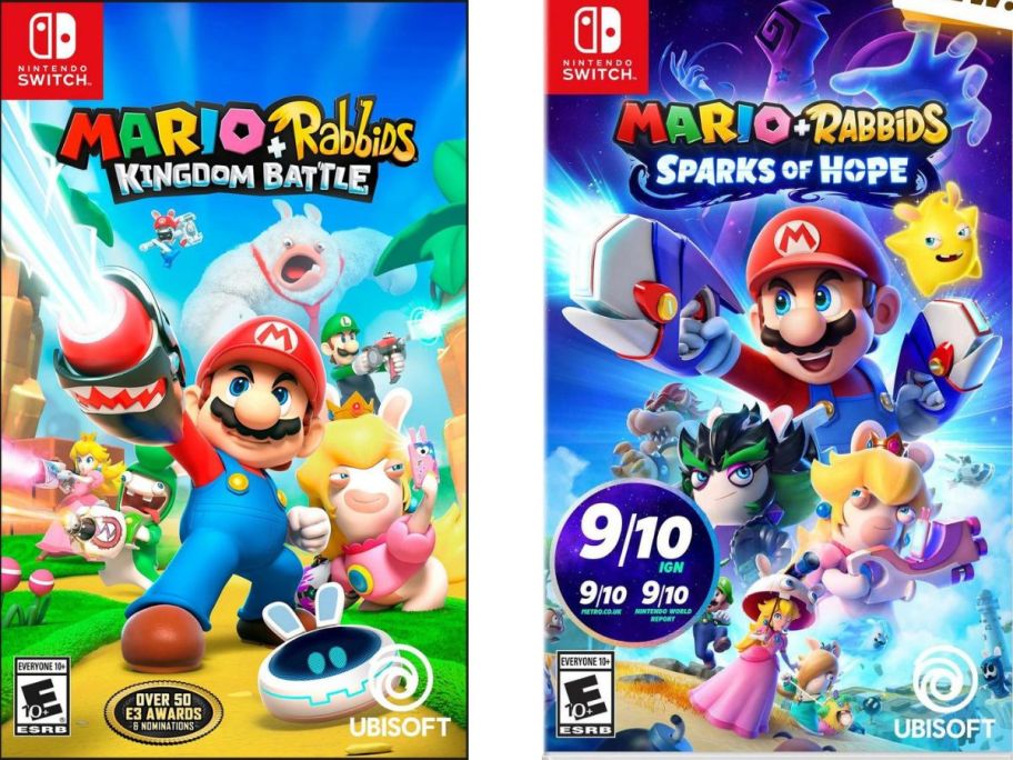 Stock images of two video game covers for Mario Switch games