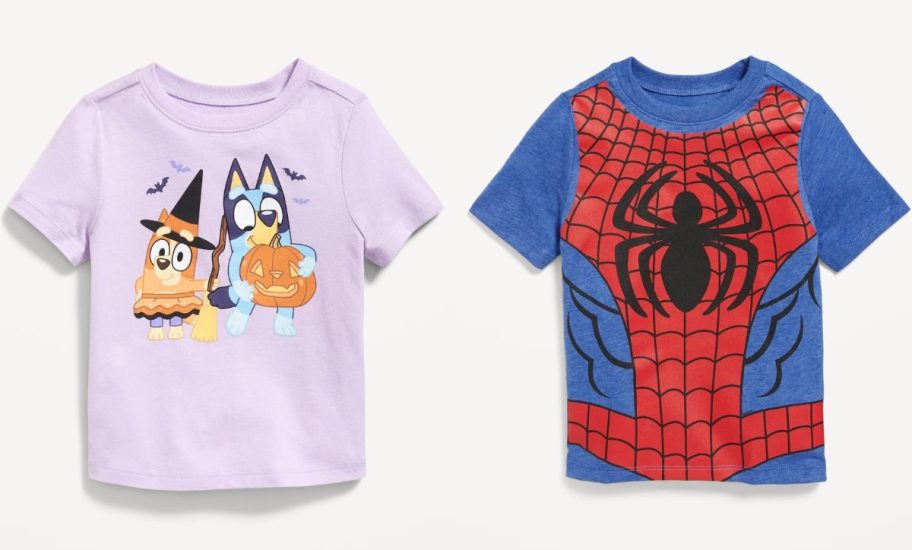 Stock images of Bluey and Spiderman shirts from Old Navy