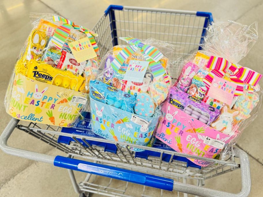 A Sam's Club. Shopping cart with 3 pre-filled easter baskets in the front basket