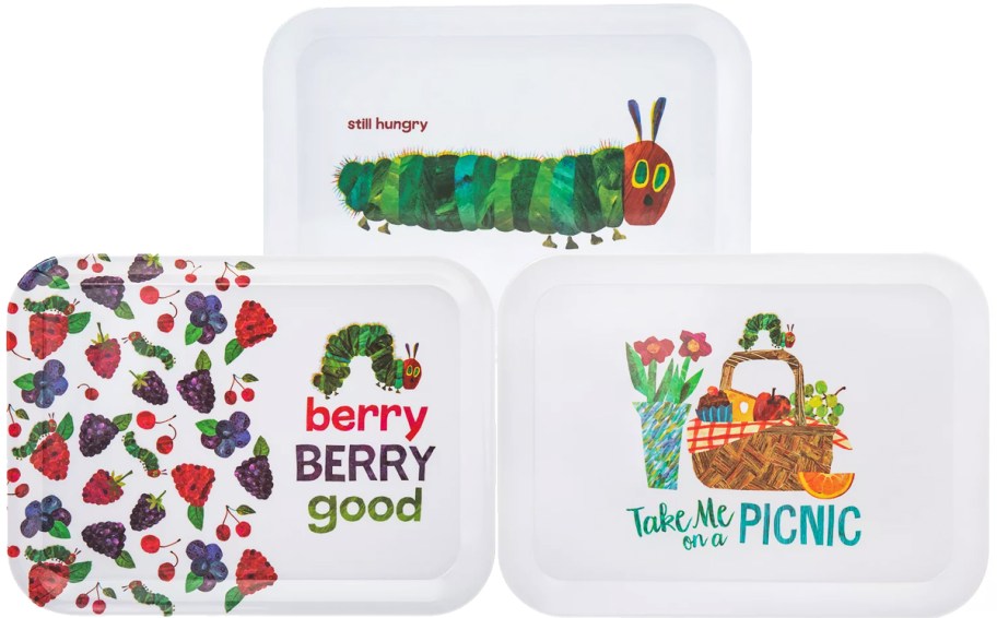 three Very Hungry Caterpillar printed serving trays