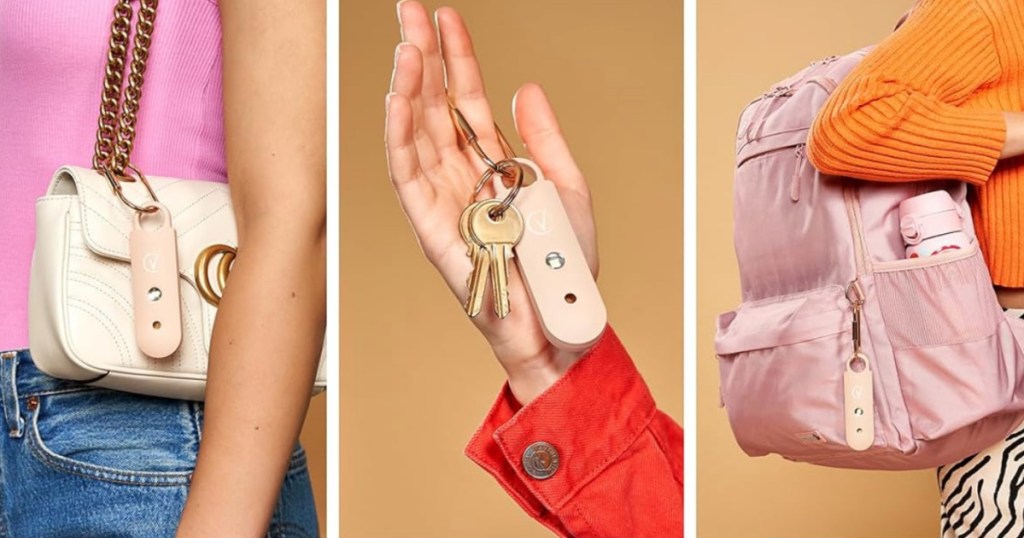 3 women wearing or holding a pink colored personal alarm