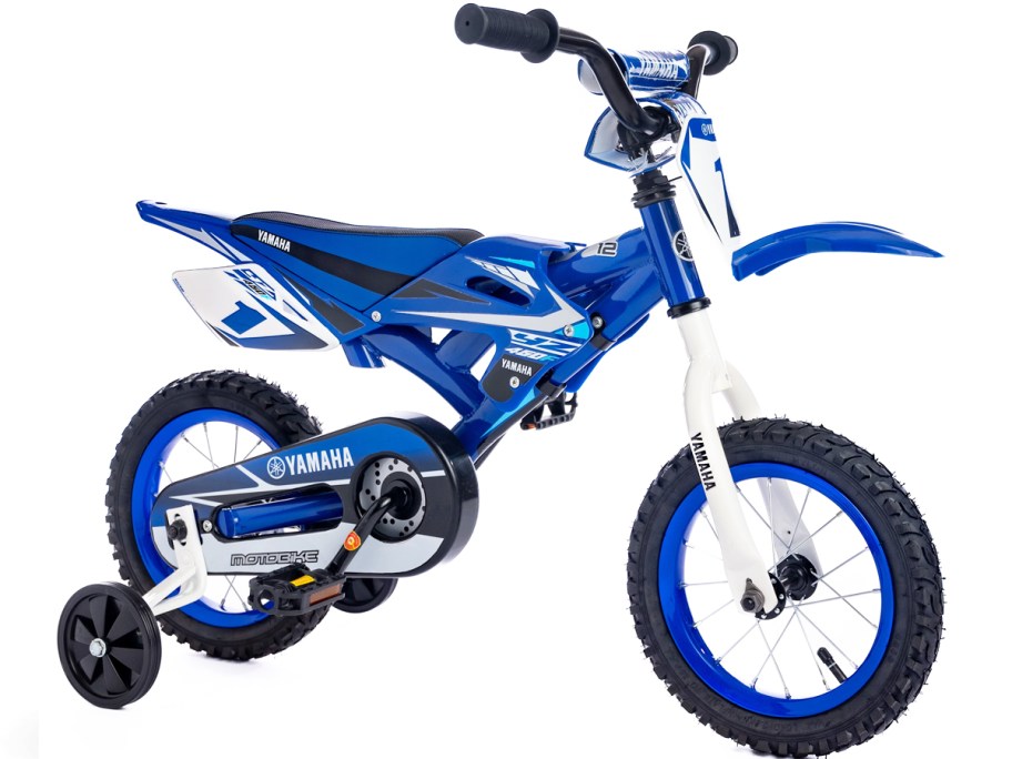 blue white and black kids bike