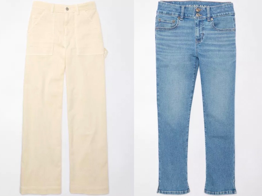 two pairs of beige and blue jeans