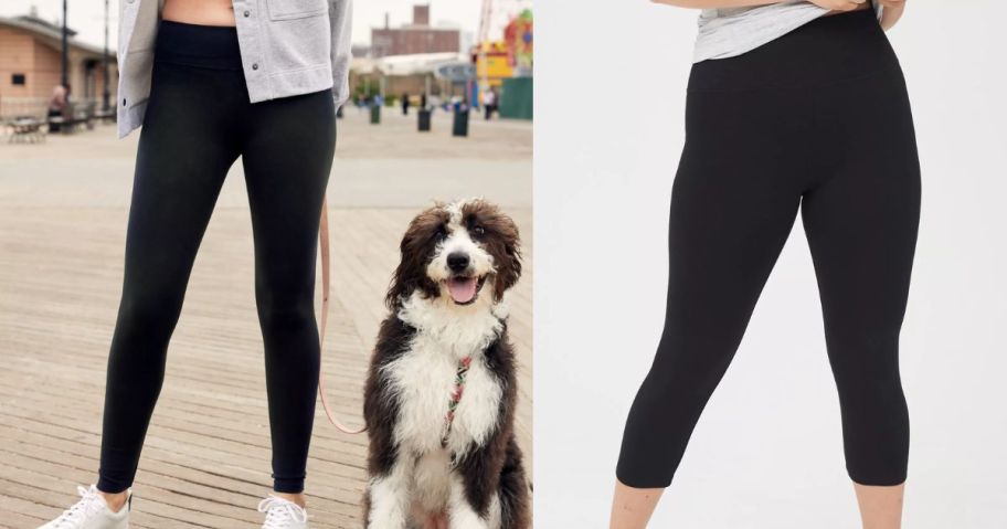 two models wearing black aerie leggings