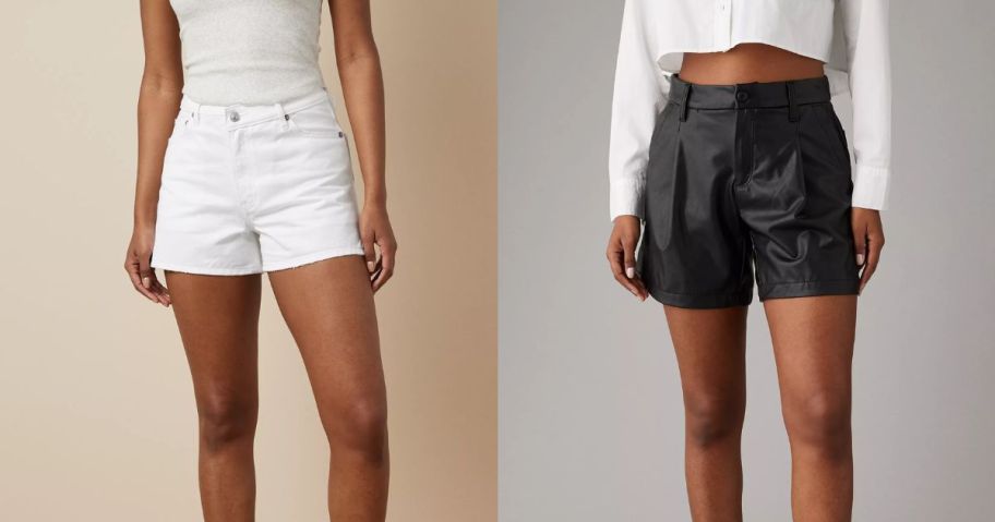 a model wearing a pair of white aerie jean shorts and a model wearing a pair of black satin tuxedo shorts