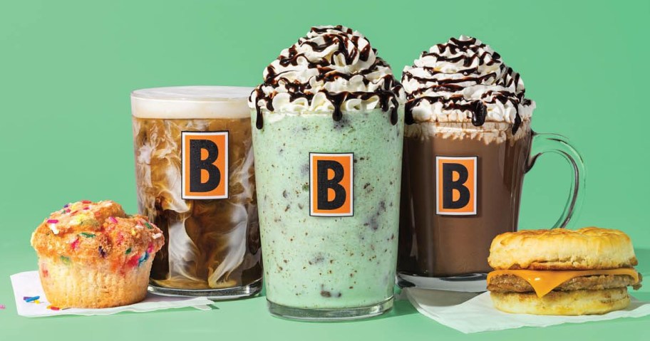 frozen coffee drinks and bakery items on a green background