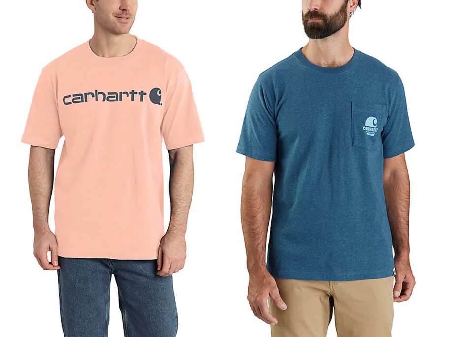 two men wearing peach and blue carhartt shirts 