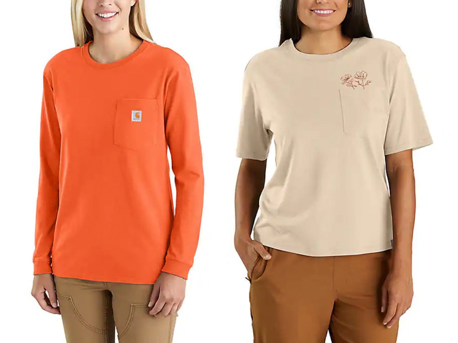 two women wearing orange and tan carhartt shirts 