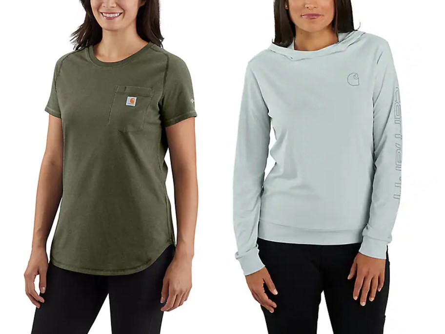 two women wearing dark green and teal carhartt shirts 