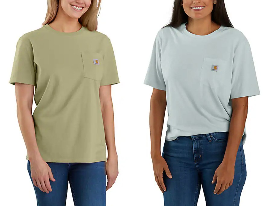 two women wearing green snd teal Carhartt shirts 