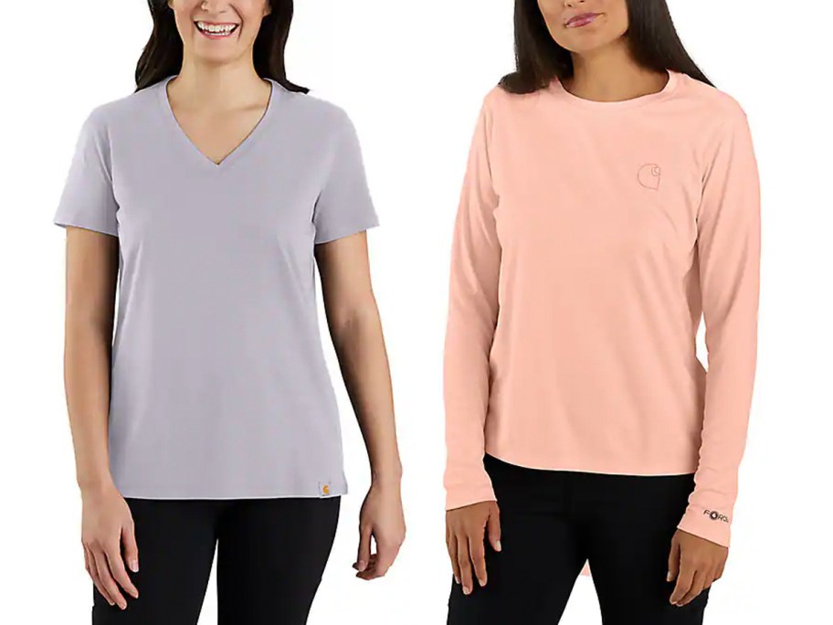 two women wearing purple and peach carhartt tees 