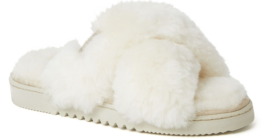 white color fuzzy criss cross strap women's slipper