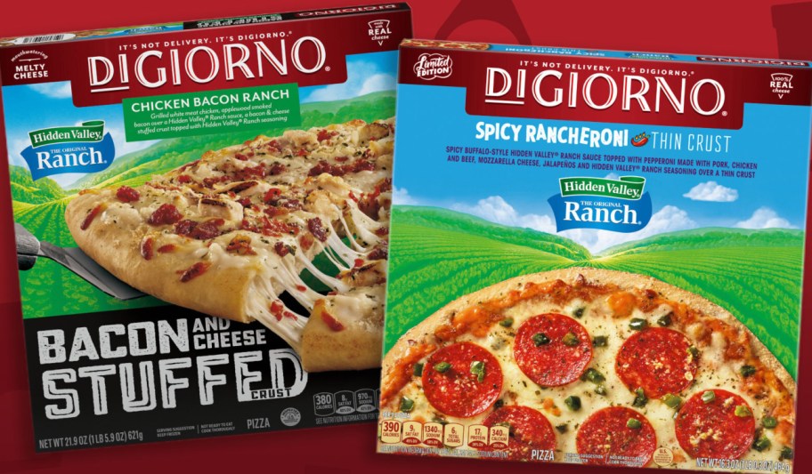 two frozen pizza boxes on a red background