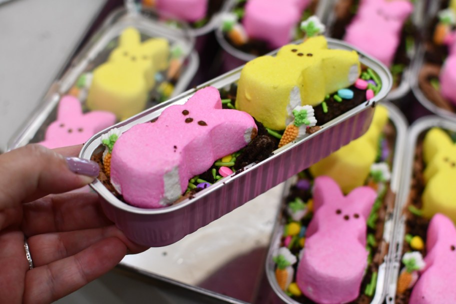 hand holding mini loaf pan with dirt cake with pink and yellow peep on top