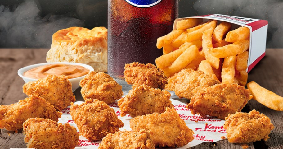 kfc chicken nuggets displayed with fries and pepsi