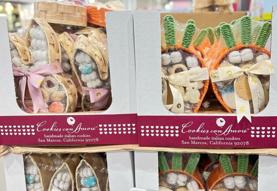 rabbit and carrot easter cookie baskets on display in a costco