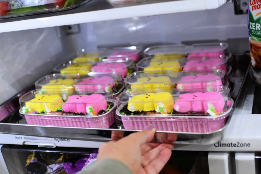 storing mini easter cakes int the fridge on a sheet pan