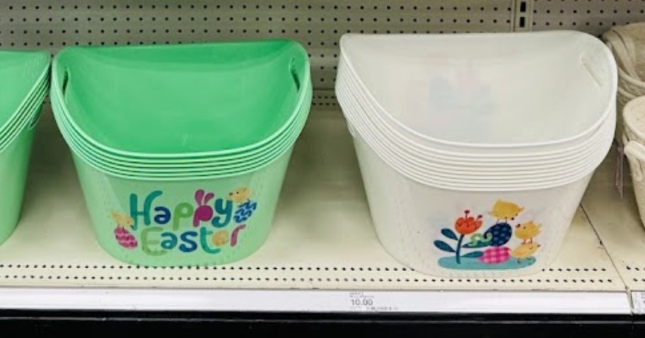 a green and a white plastic Easter tubs on a store shelf