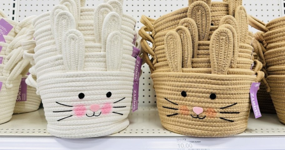 rope style Easter baskets shaped like a bunny rabbit in white and brown on a store shelf