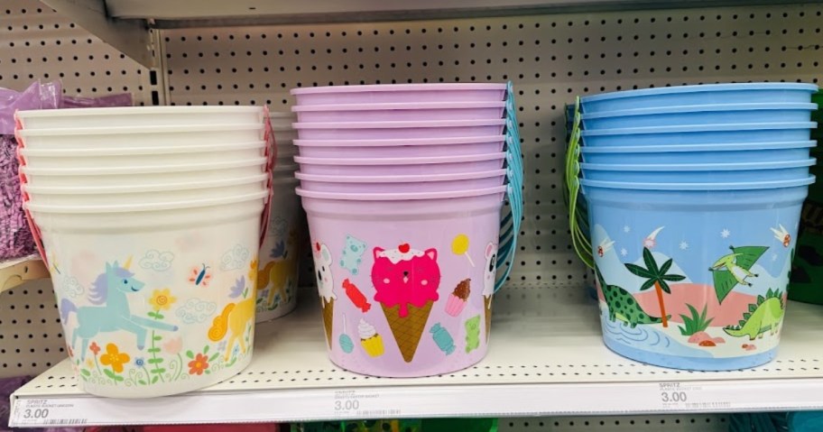 3 plastic Easter buckets on a store shelf