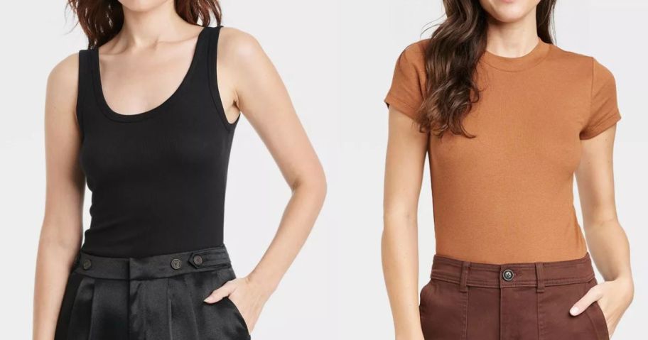 woman wearing black sleeveless bodysuit and pants and woman wearing a dark tan short sleeved bodysuit with dark brown pants