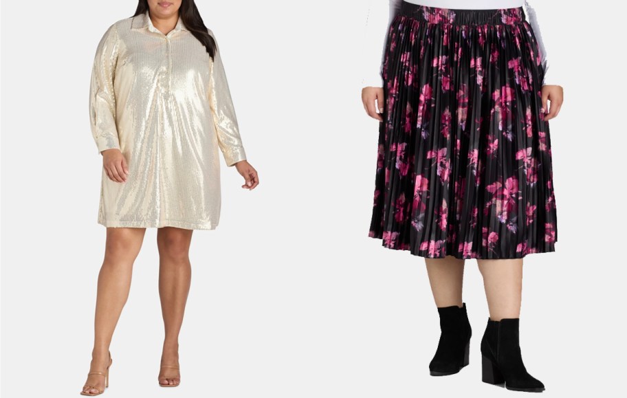 two women wearing gold sequin and pink and black floral skirt