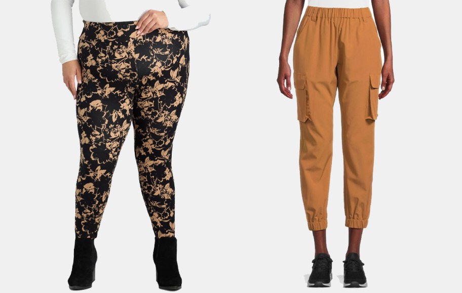 two women wearing floral gold and black leggings and burnt orange pants