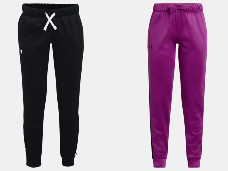 2 pair of girls Under Armrour joggers, one black and one bright purple