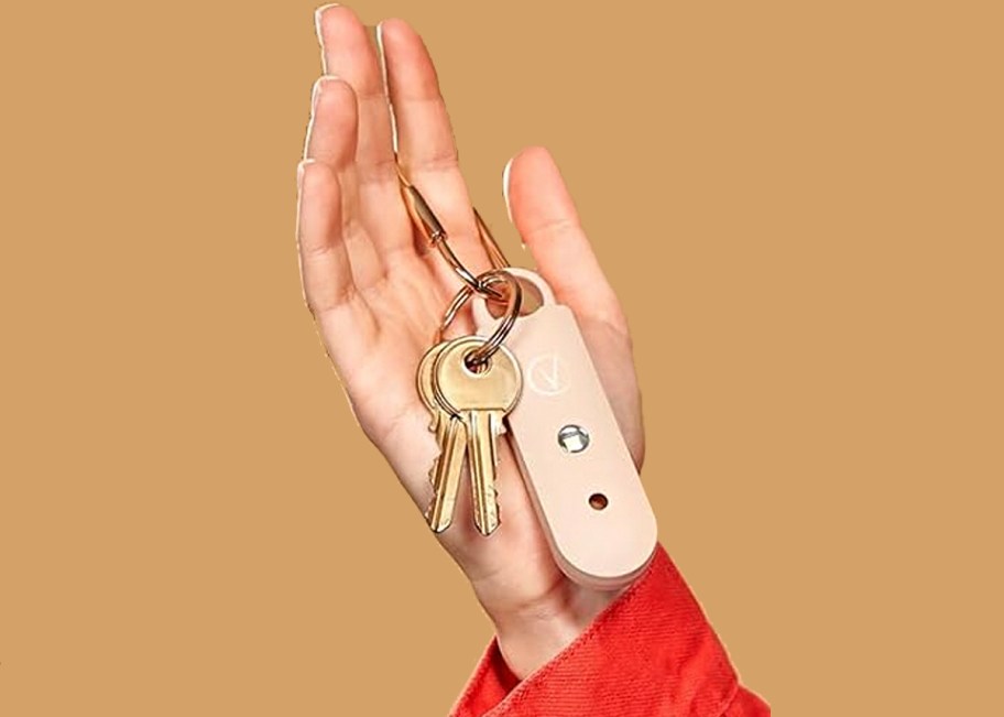 hand holding keychain with keys and vantamo personal alarm 