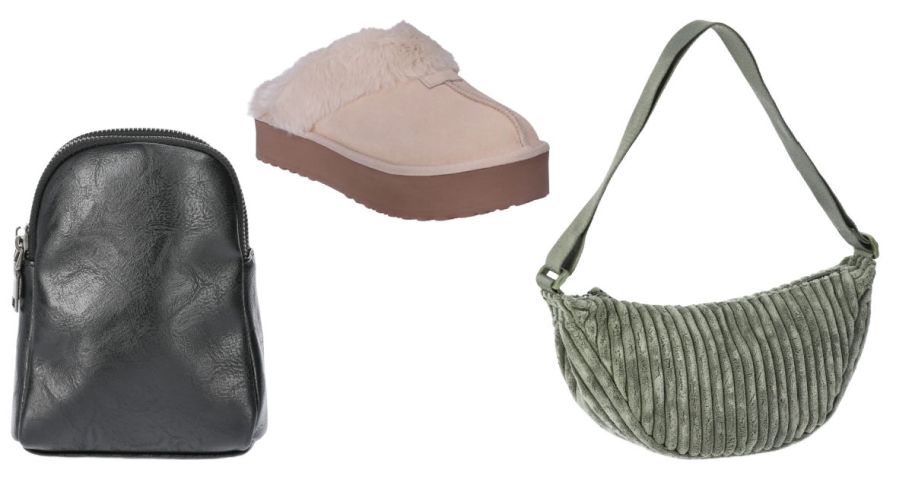 two bags and a slipper clog on a white background