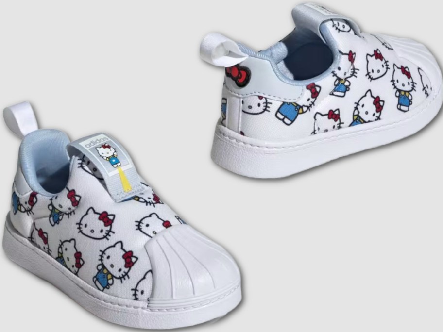 Stock images of side and back view of Adidas x Hello Kitty Little Kids Superstar 360 Shoes