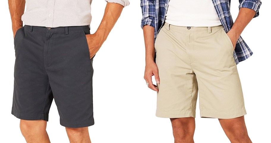 two men in navy blue and khaki brown shorts