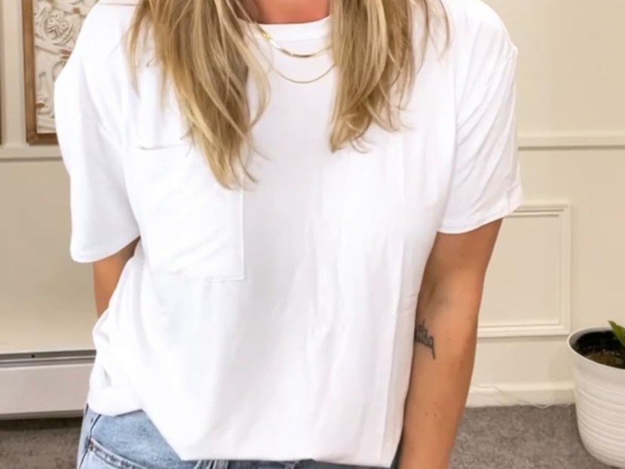 woman wearing amazon essentials relaxed fit tee in white