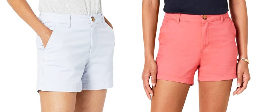 two women in light blue and pink shorts