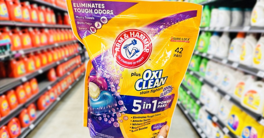 hand holding up a bag of Arm & Hammer Laundry Detergent Paks in store