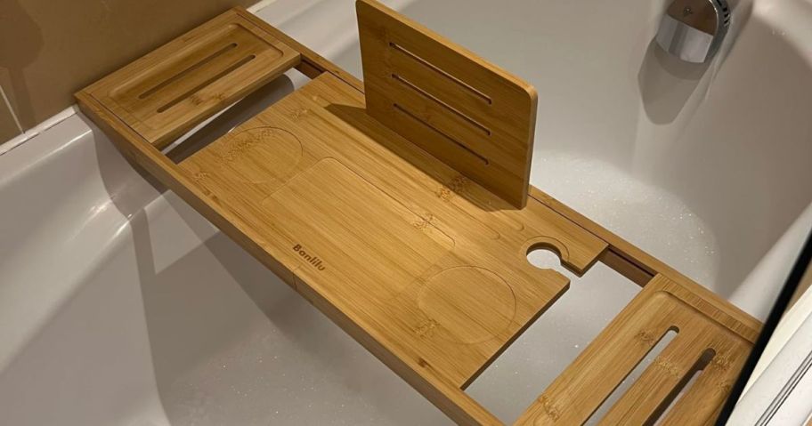 Bamboo Bathtub Tray Caddy over the bath