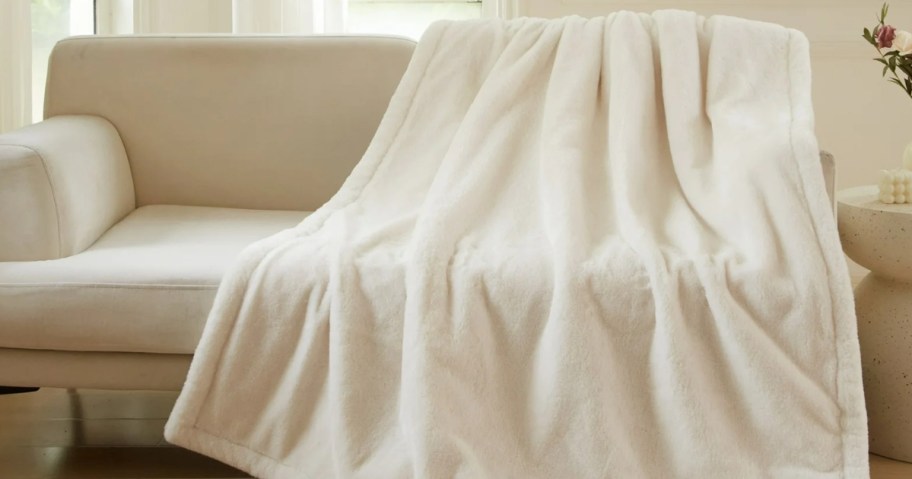 large cream faux fur throw blanket over a couch