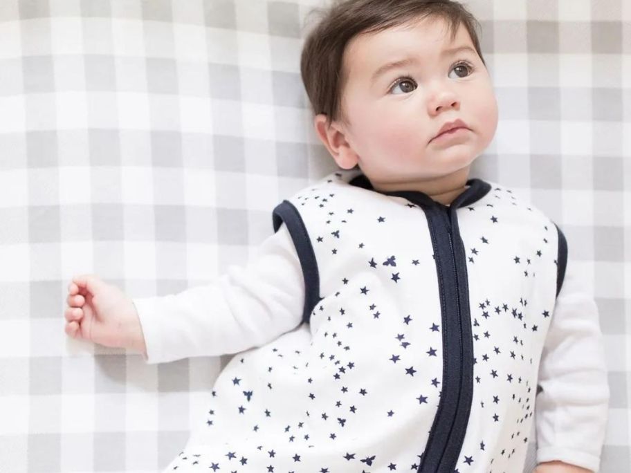 Baby wearing a Burt's Bees Beekeeper wearable blanket