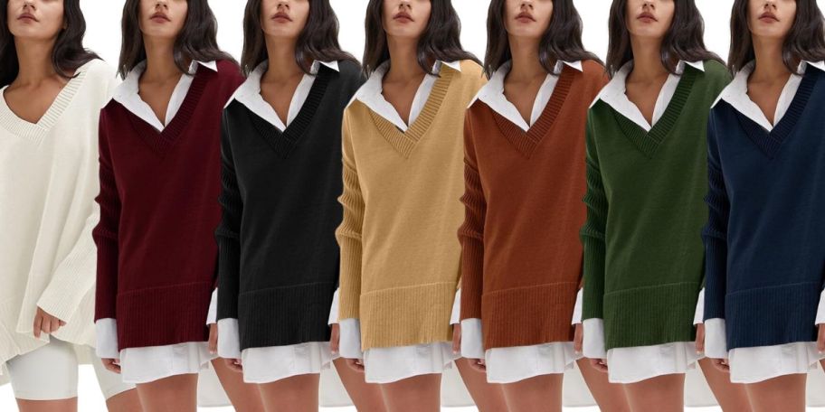 oversized v neck sweater in 7 colors on a white background