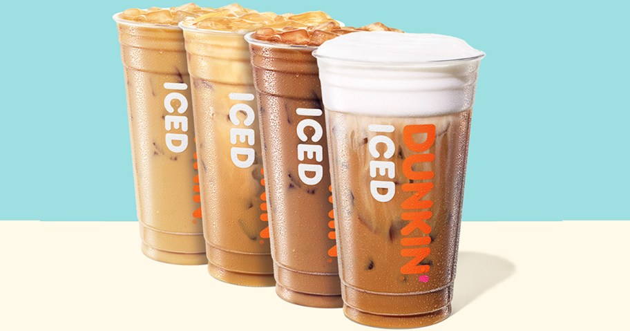 four dunking iced coffee drinks in a row