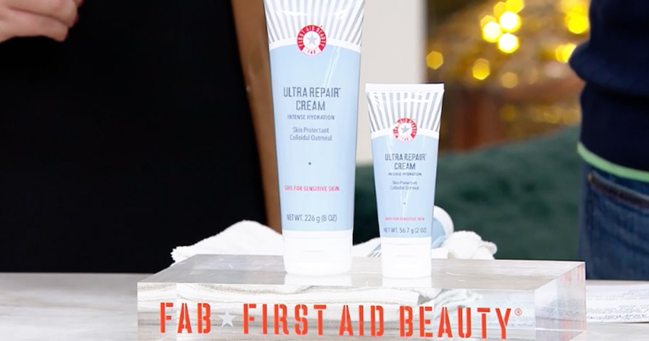 two bottles of First Aid Beauty Hydrating Ultra Repair Cream on display