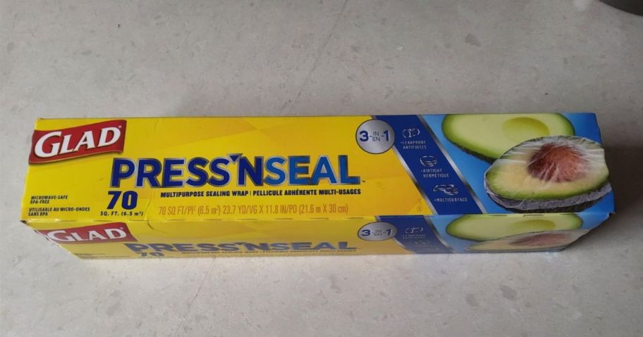 Glad Press'n Seal Plastic Food Wrap 70-Foot Roll box on counter