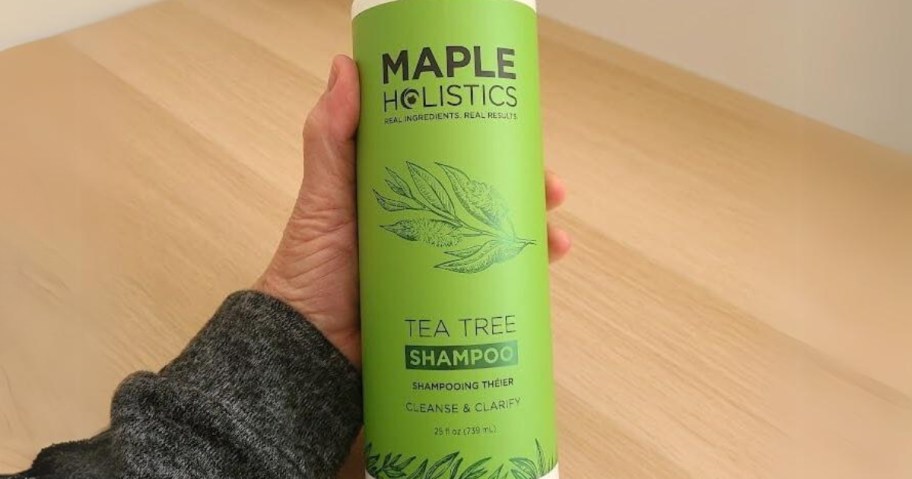 hand holding a large bottle of Maple Holistics Tea Tree Oil Shampoo 