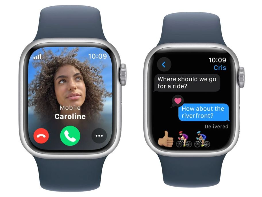 2 Apple Watches in midnight blue straps, one shows a phone call onlineing in and the other shows text messages