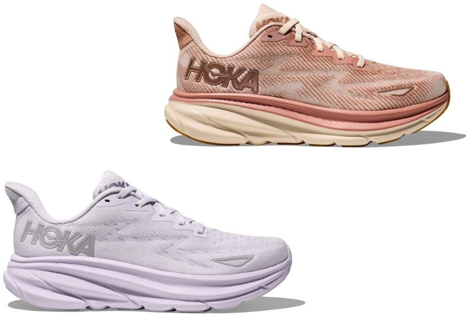 Stock images of two HOKA Clifton 9 Women's Running Shoes