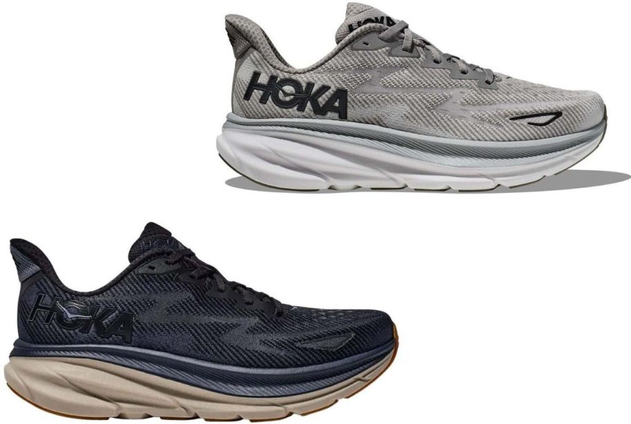 Stock images of two HOKA Clifton 9 Men's Running Shoes