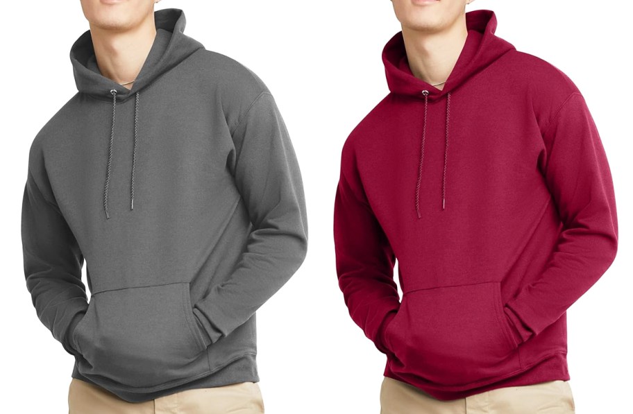 two men in grey and red hoodies