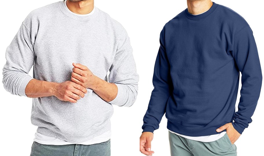 two men in grey and blue crewneck sweatshirts