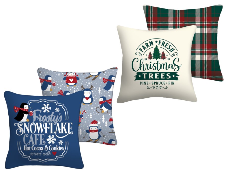 HolidAY throw pillows in snowflakes and Christmas trees